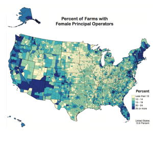 This USDA map shows the percentage of farms with female farm operators using statistics from the 2007 Census of Agriculture. To view more statistics on female farmers in the U.S., click the map.